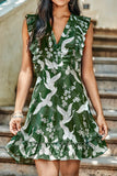 Crane Flowers Print Ruffled Dress